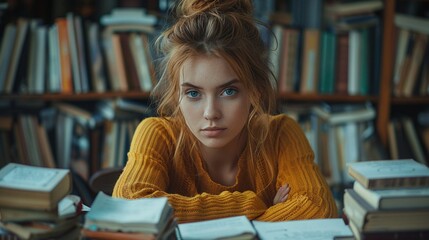 A woman writer immersed in her work, a determined look on her face Papers and books surround her, signifying her dedication - obrazy, fototapety, plakaty