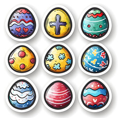 Easter symbols stickerpack, cute colorful eggs, christianity cross and spring flowers