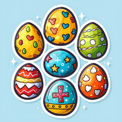 Easter symbols stickerpack, cute colorful eggs, christianity cross and spring flowers