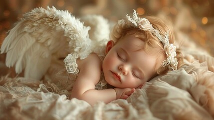 Baby dressed as a tiny angel, wings included, napping peacefully