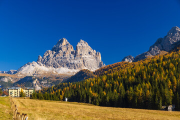 Typical landscape with Tre Cime, Tre Cime di Lavaredo, Dolomiti, South Tyrol, Italy - obrazy, fototapety, plakaty