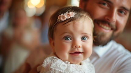 Baby s first dance, held in parents  arms, everyone clapping - obrazy, fototapety, plakaty