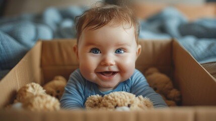 Baby s laughter as a soft toy pops out of a box - obrazy, fototapety, plakaty