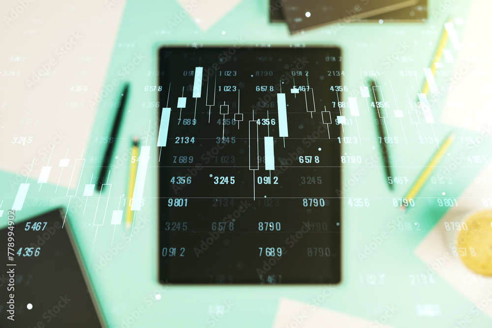 Poster abstract creative analytics data spreadsheet and modern digital tablet on desktop on background, top