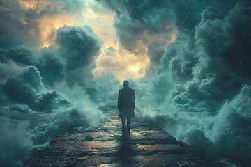 Businessman facing entrepreneurial challenges in stormy weather, 2D surreal fantasy - obrazy, fototapety, plakaty