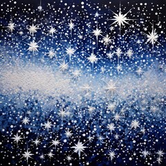 Snowfall, captured in a crystalline dance of snowflakes descending from a snowstorm, transformed into a white mosaic abstract painting, intricate patterns, each flake a unique geometric marvel