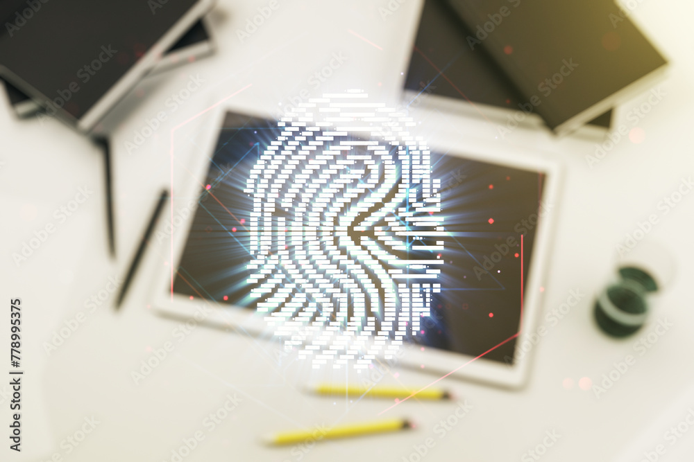 Poster Multi exposure of abstract fingerprint scan interface and modern digital tablet on background, digital access concept