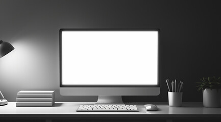 The white desk holds a white computer, lamp, pencil holder, mouse, keyboard, and green plants. The screen of the computer is left white and blank as an advertising image