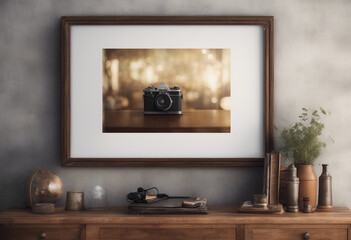Mock up poster frame with on vintage chest of drawers