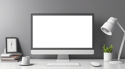 The white desk holds a white computer, lamp, pencil holder, mouse, keyboard, and green plants. The screen of the computer is left white and blank as an advertising image
