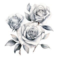 Silver roses watercolor clipart on white background, defined edges floral flower pattern background with copy space for design text or photo backdrop minimalistic 