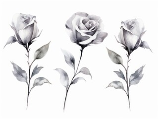 Silver roses watercolor clipart on white background, defined edges floral flower pattern background with copy space for design text or photo backdrop minimalistic  - obrazy, fototapety, plakaty