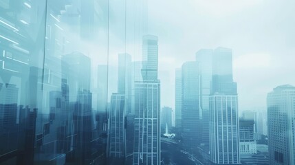 In this double exposure, luxury modern highrise buildings and cityscapes are shown in a blue tone, suitable for business or finance backgrounds