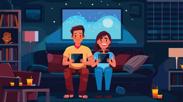 The couple is watching a movie flat illustration ve
