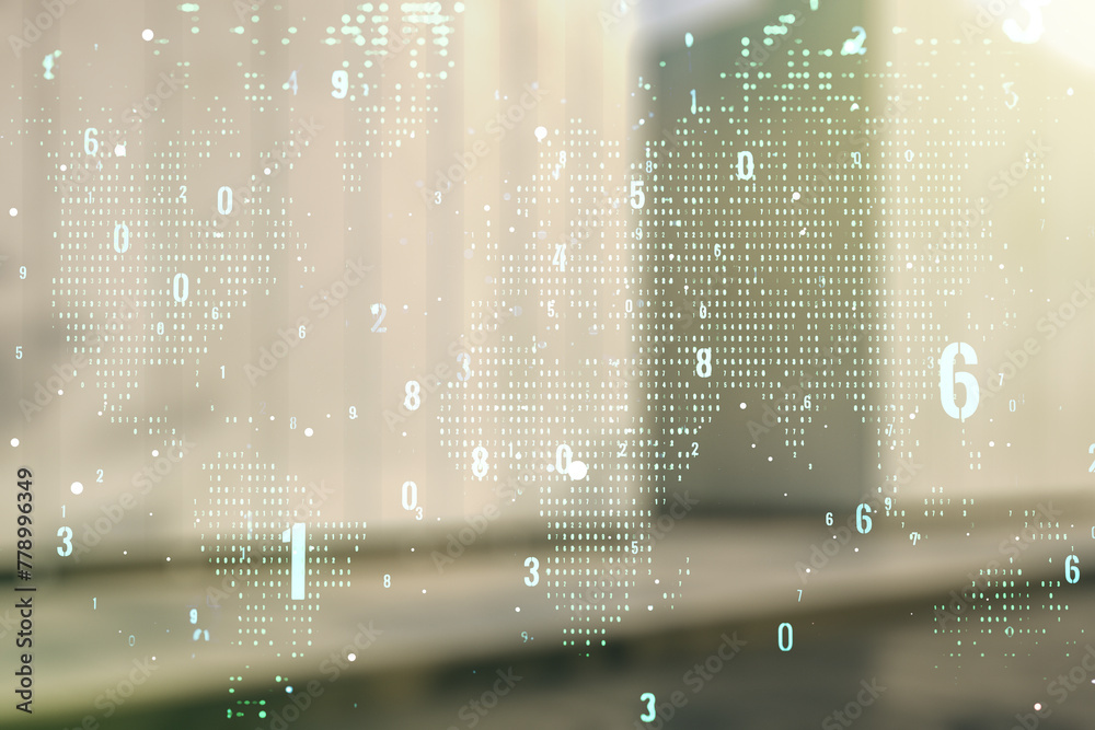 Aufkleber Double exposure of abstract creative programming illustration and world map on contemporary business center exterior background, big data and blockchain concept