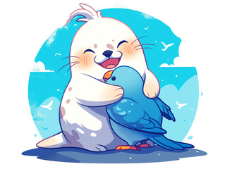 A cartoon of a seal and a bird hugging each other
