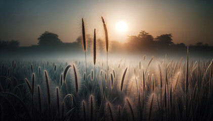 A serene composition of dew-covered stalks of grass in the early morning, positioned in the upper...
