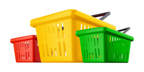 Three plastic shopping or grocery baskets from supermarket, red, yellow and green, isolated on white background. 3d realistic vector illustration