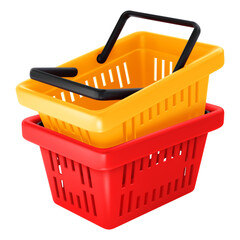 Two empty plastic shopping baskets, nested inside one another. Realistic 3d shopping carts with handles, isolated on white background. Vector illustration