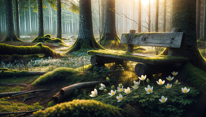 A rustic wooden bench in a secluded part of a forest, surrounded by early spring flowers and soft green moss, 