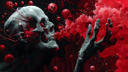 Haunting Skull Amidst Crimson Chaos A Surreal Portrayal of Fear and Mortality - obrazy, fototapety, plakaty