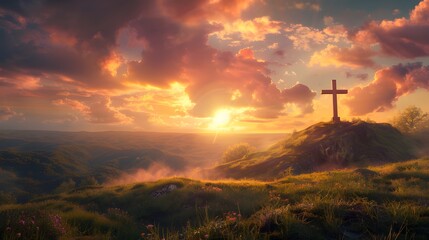 Cross proudly standing on windswept hill under enchanting sunrise glow. Spiritual concept.