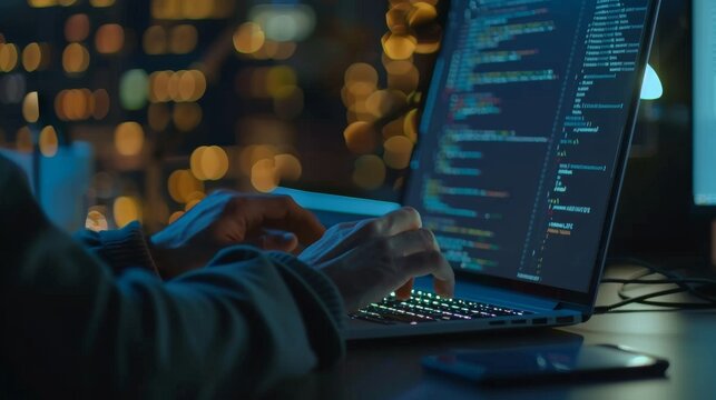 Programmer, male software developer hand coding HTML, programming Javascript on a laptop computer screen. Close-up.