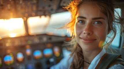 Female pilot in the cockpit of an airplane, symbolizing ambition and breaking stereotypes - obrazy, fototapety, plakaty