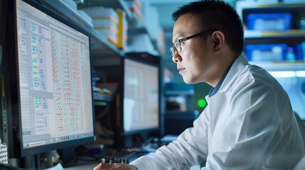 A medical researcher uses AI algorithms to analyze vast datasets for developing personalized medicine strategies.