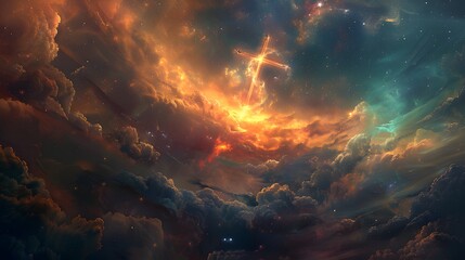 Cross suspended over distant planet in mesmerizing fantasy vista. Spiritual symbol.