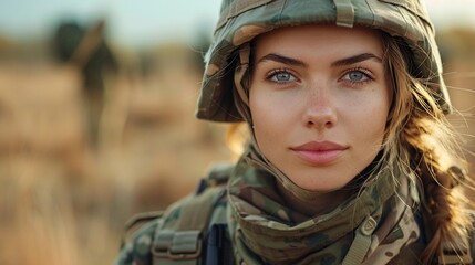Female soldier standing in uniform, embodying courage and the strength of women in the military - obrazy, fototapety, plakaty