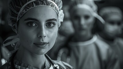 Female surgeon in scrubs, ready for operation, a leader in the fight for lives