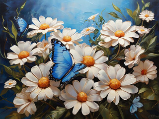 Oil Painted Morpho Butterflies Alight on Daisy Petals. Generative AI. - obrazy, fototapety, plakaty