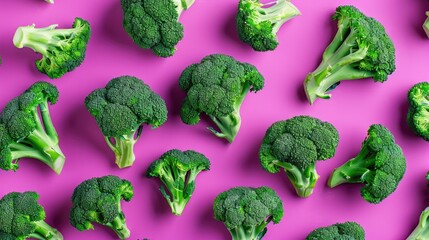 Broccoli cabbage on a purple background. A perfect sprig of fresh broccoli. Fresh harvest, the concept of healthy eating and vegetarianism.