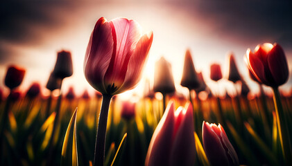 Artistic macro view of tulips in a field, with one tulip in sharp focus against a dreamy background of more tulips