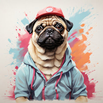 Adorable drawing of a cute pug dog wearing a cap. Retro t-shirt art style painting at white background