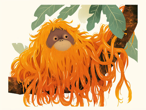 A cartoon drawing of an orange monkey with long hair