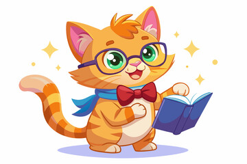 Ginger whimsical and adorable little kitten named Angel wearing an adorable bow tie and colored glasses holds a magic book, radiating cuteness and curiosity, a feeling of joyful discovery, full body, 