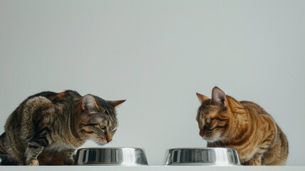 Two Tabby Cats Focusing on Bowls - Close view of two attentive tabby cats focused on their food bowls, highlighting their striped coats and curious eyes - obrazy, fototapety, plakaty