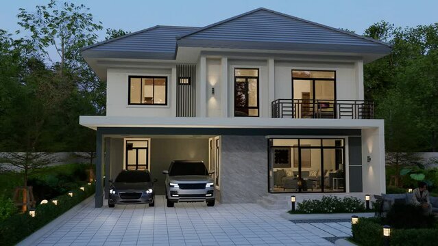 4K video rendering of 3D rendering of two storey contemporary house side view with garage and natural scenery background
