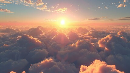 Breathtaking sunrise among clouds from above - Captivating view of sun rising over a sea of clouds with warm tones, representing hope and a new day - obrazy, fototapety, plakaty