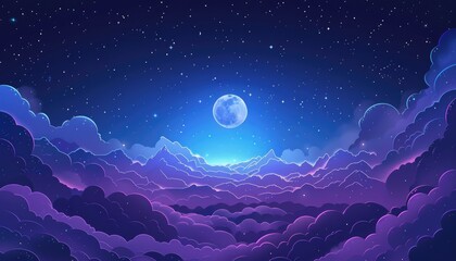 Starry Night with Ethereal Mountain View - Calm star-studded sky gently illuminates the layered silhouettes of mountains under a large glowing moon in a serene night scene