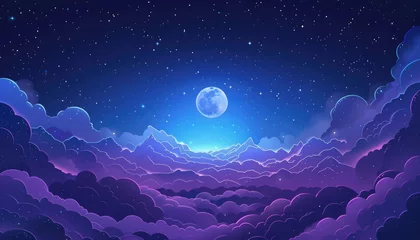 Foto op Canvas Starry Night with Ethereal Mountain View - Calm star-studded sky gently illuminates the layered silhouettes of mountains under a large glowing moon in a serene night scene © Mickey
