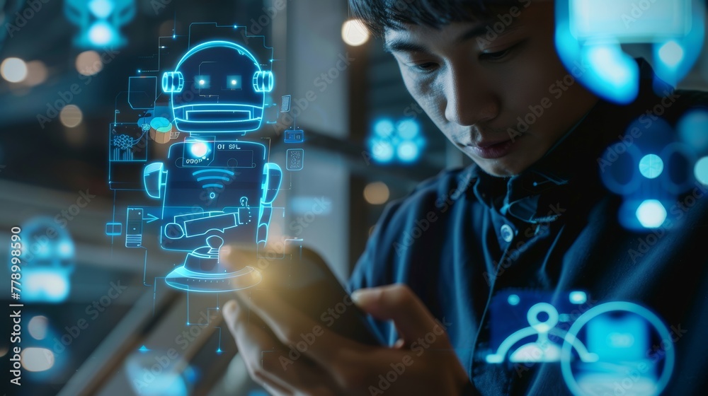 Poster an artificial intelligence concept using a digital chatbot, a gpt, a robot app, and a conversation a