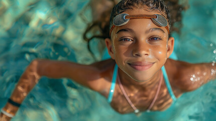 Girl in swimming pool. A child, smiling in blue water wearing swim costume and goggles.