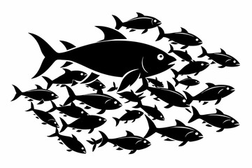 Black silhouette school of fish swimming in the ocean, vector illustration on white background