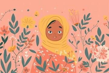 Illustration of a girl with floral background - A vibrant and colorful illustration of a young girl adorned in a floral hijab surrounded by an array of whimsical flowers and plants
