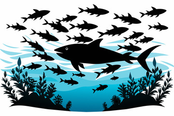 Black silhouette school of fish swimming in the ocean, vector illustration on white background