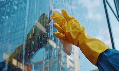 Hand cleaning glass window with soapy water - A clear and vibrant image of a hand in a yellow glove cleaning a wet glass window with soap suds - obrazy, fototapety, plakaty