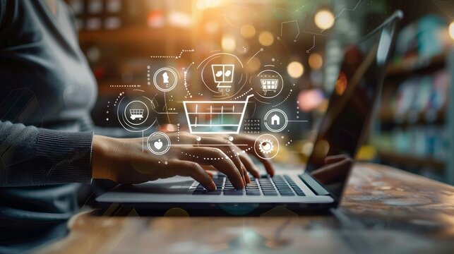 Integrated digital marketing strategy with a website ad, email, social media network, SEO, video, and mobile app. E-commerce and online shopping concept with icons, Pay Per Click (PPC) dashboard,